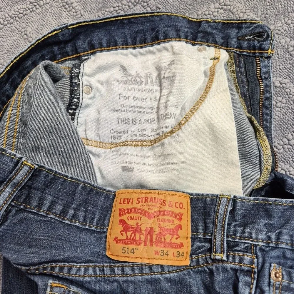 Levis 514 Mens Blue Jeans Size 34x34 Straight Leg Denim Pants Medium Dark Wash